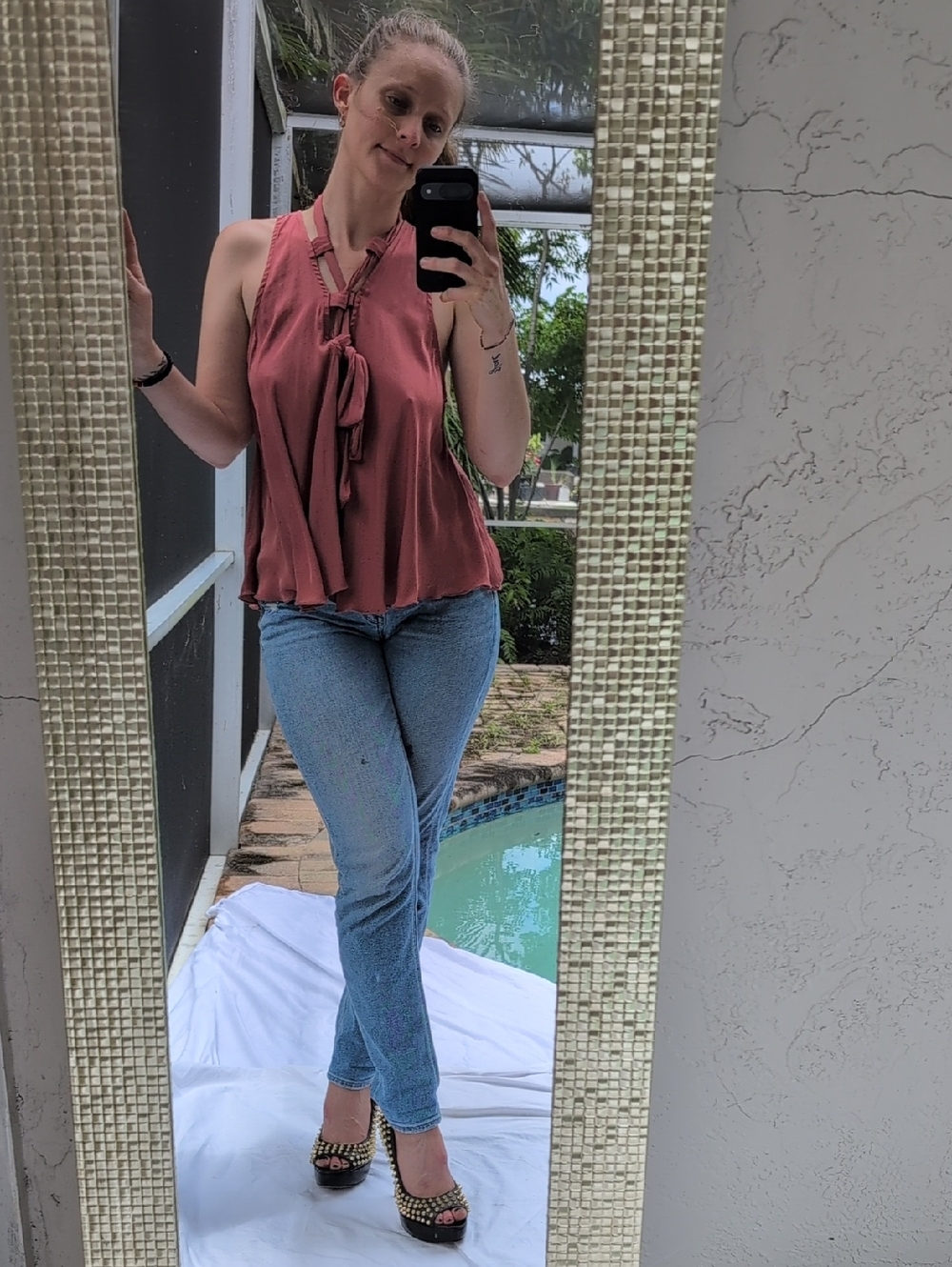 Free People Dusty Rose Tie-Neck Sleeveless Blouse